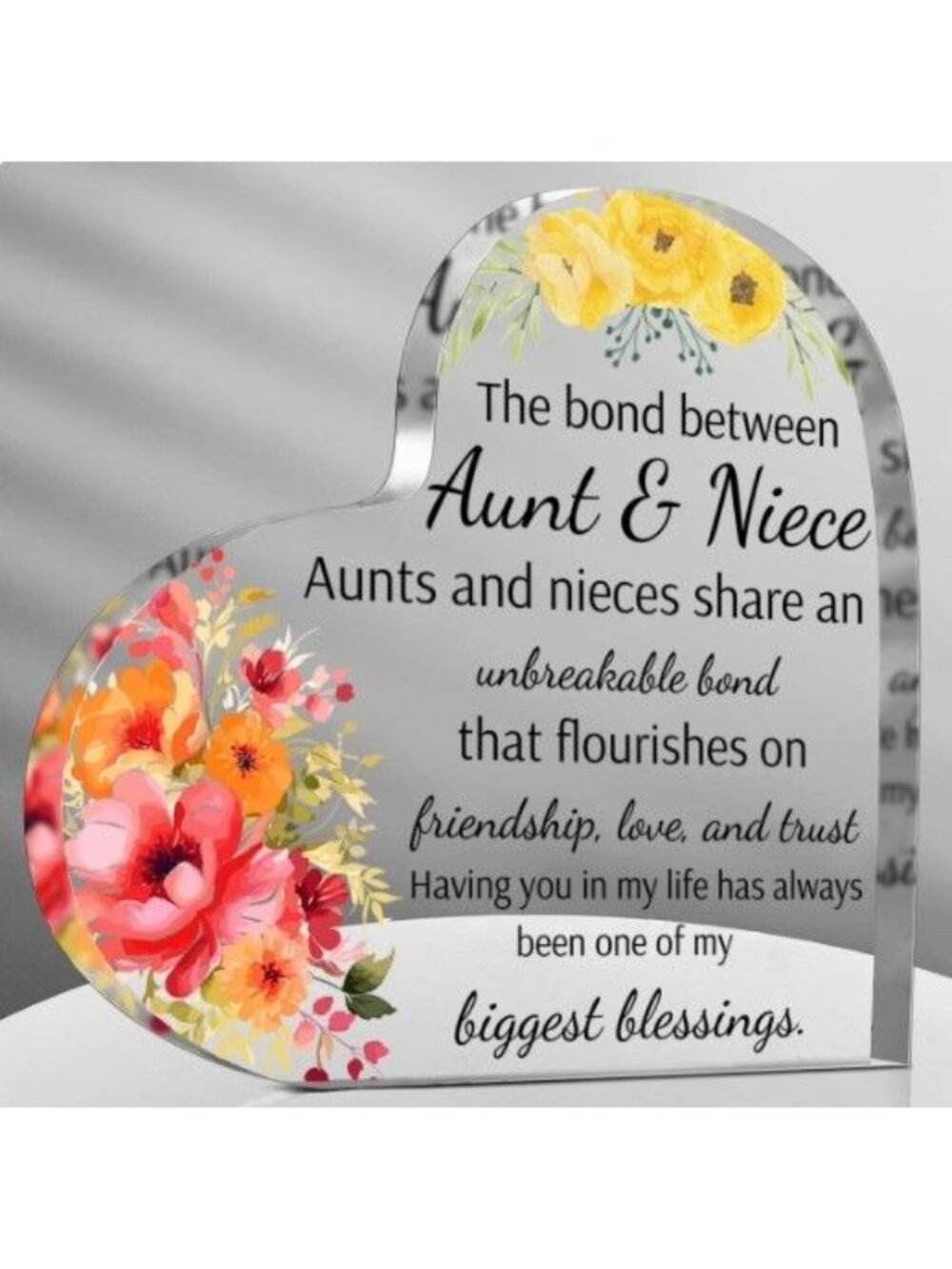 Heart-Shaped Clear Acrylic Keepsake Gift For Aunt & Niece With Floral Design